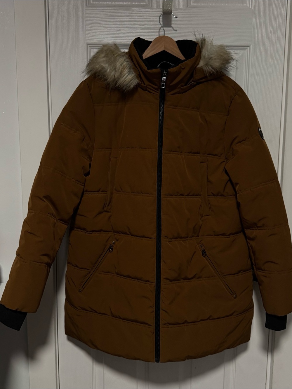 Nautica Chestnut Brown Quilted Puffer Coat with Faux Fur Trim Hood XL Warm